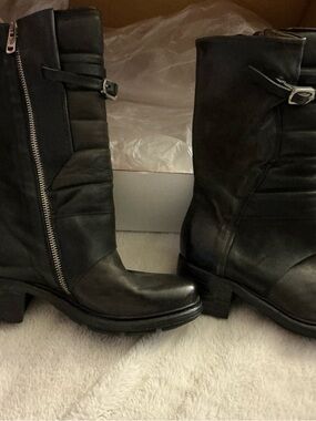 A.S.98 Black Leather Mid-Calf Lace-Up Boots with Side Zipper